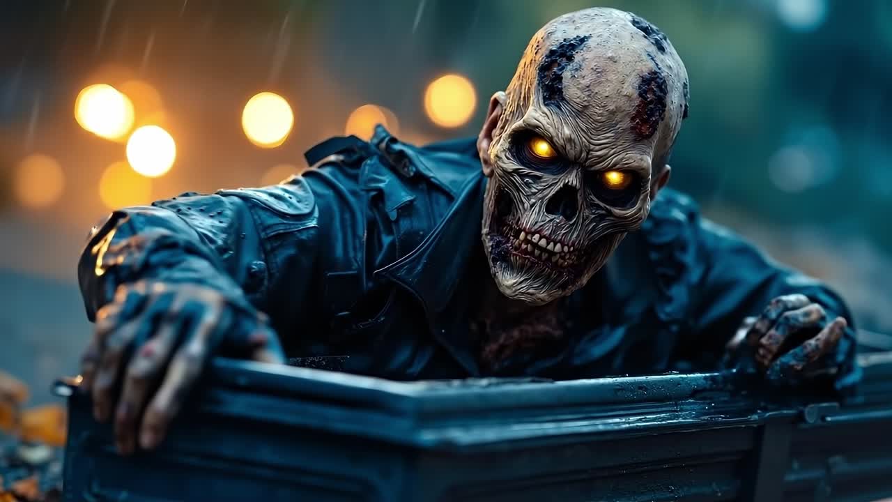 A man in a black jacket with a skull face and yellow eyes