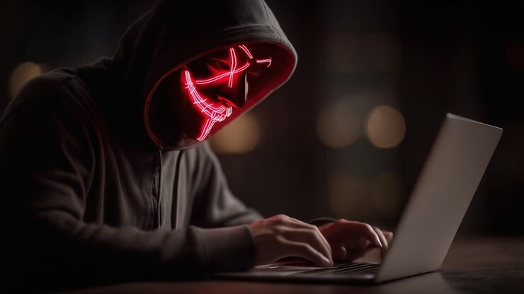 Una figura misteriosa con una felpa e una maschera luminosa intenta a programmare in penombra, evocando un'aura di mistero e tecnologia