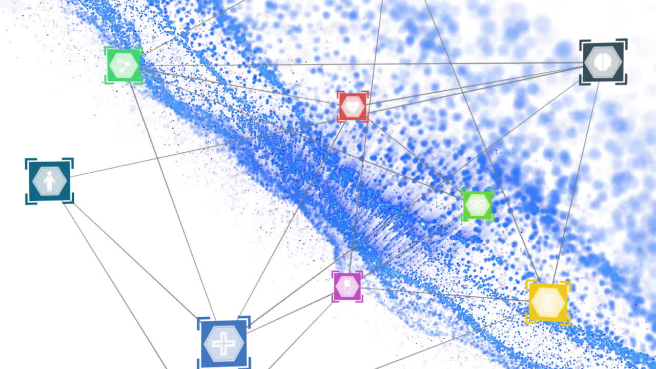 백색 배경에 대한 동적 파동 패턴 위에 연결된 아이콘의 애니메이션
