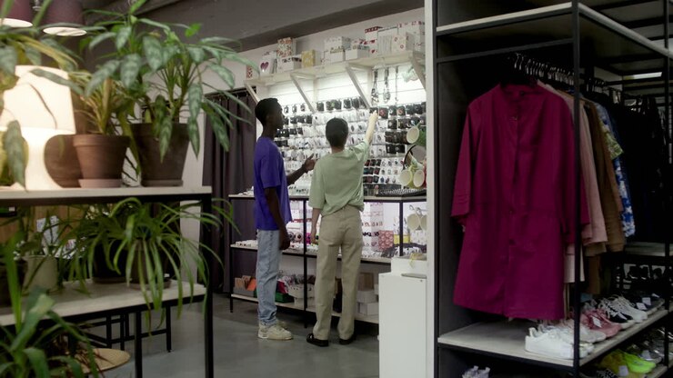 Young man and saleswoman walking in a store