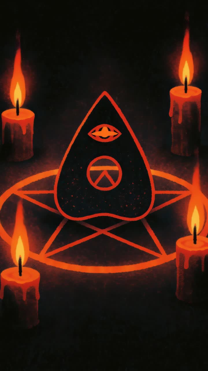 Tajemná planžeta Ouija desky se zářícím pentagramem a svíčkami.
