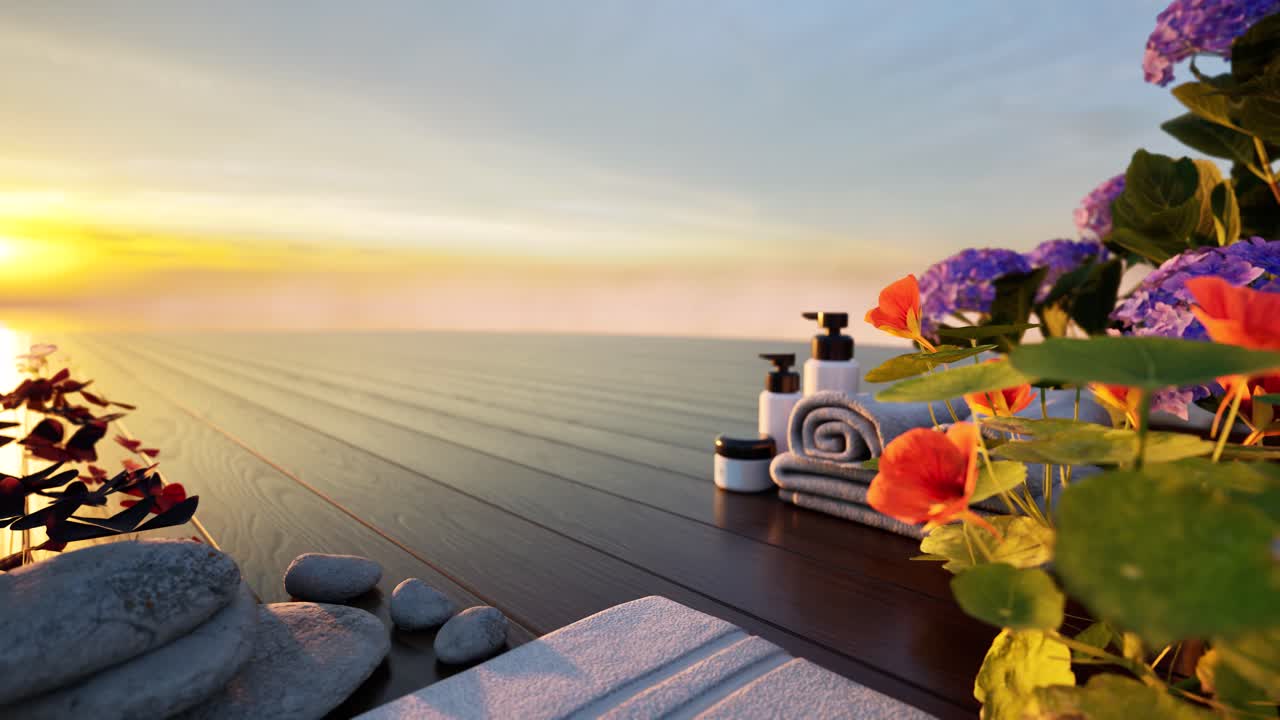 꽃, 수건, 치유 돌, 나무 표면에 스파 치료 크림, 해가 뜨면, 3d 애니메이션, 스파 살롱 치료, 휴식