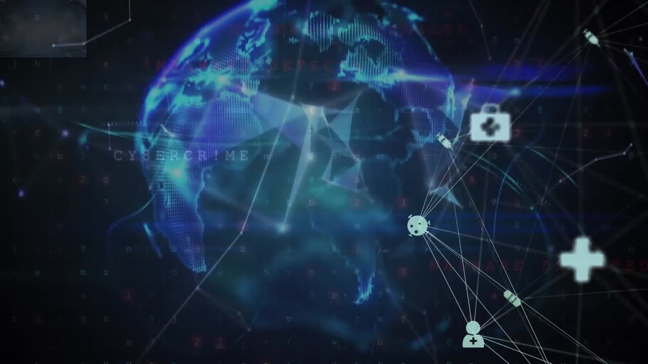 animación del globo de iconos médicos, procesamiento de datos de seguridad cibernética y globo de redes plexus