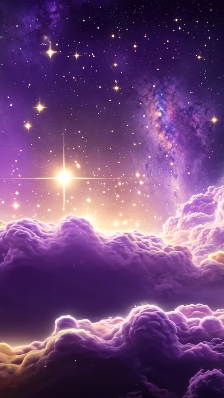Vertical video: Cosmic breeze stirring purple clouds in space, with glowing stars and spiral galaxy