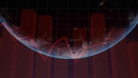 animation of financial data processing over globe on dark background