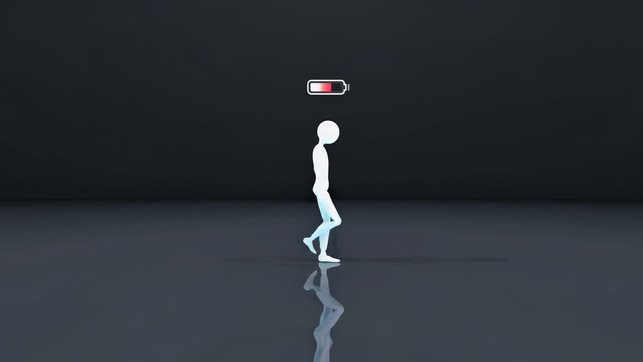 Humanoid walking slowly with nearly depleted battery indicator, embodying exhaustion and energy depletion on reflective surface, symbolizing mental and physical fatigue