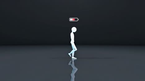 humanoid walking slowly with nearly depleted battery indicator, embodying exhaustion and energy depletion on reflective surface, symbolizing mental and physical fatigue