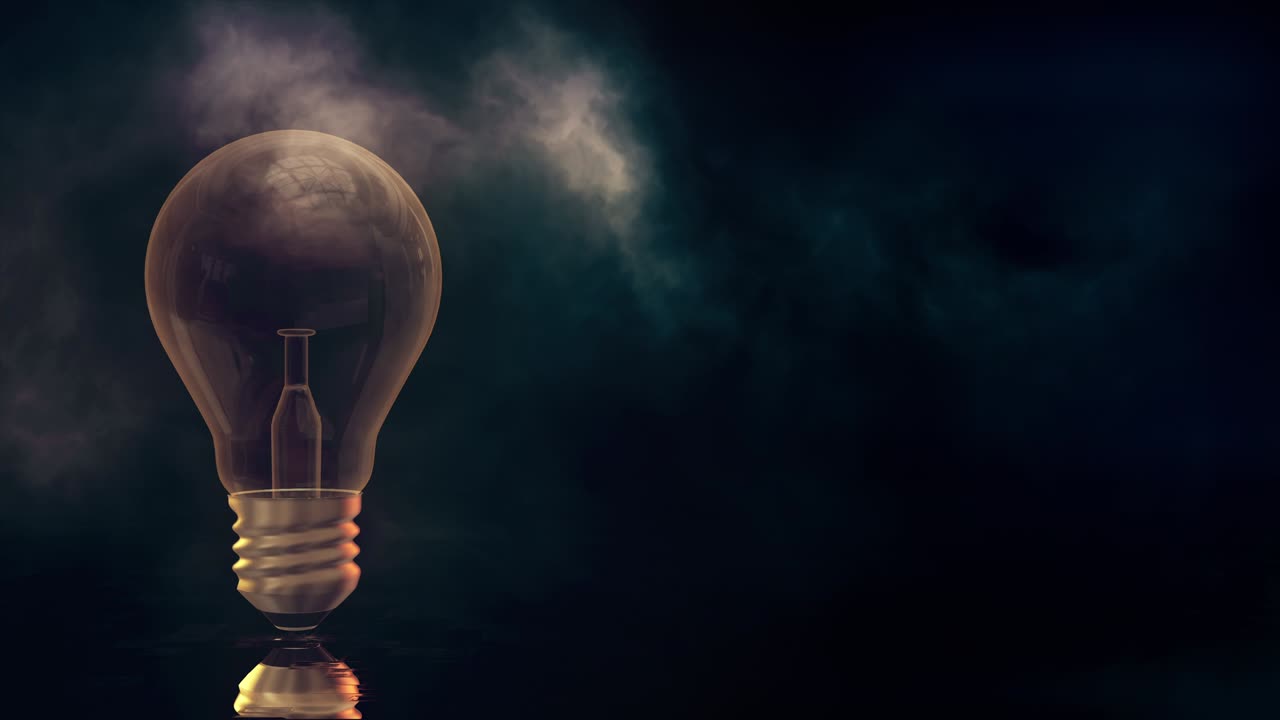 renderizado en 3d de una bombilla intermitente con fondo de niebla.