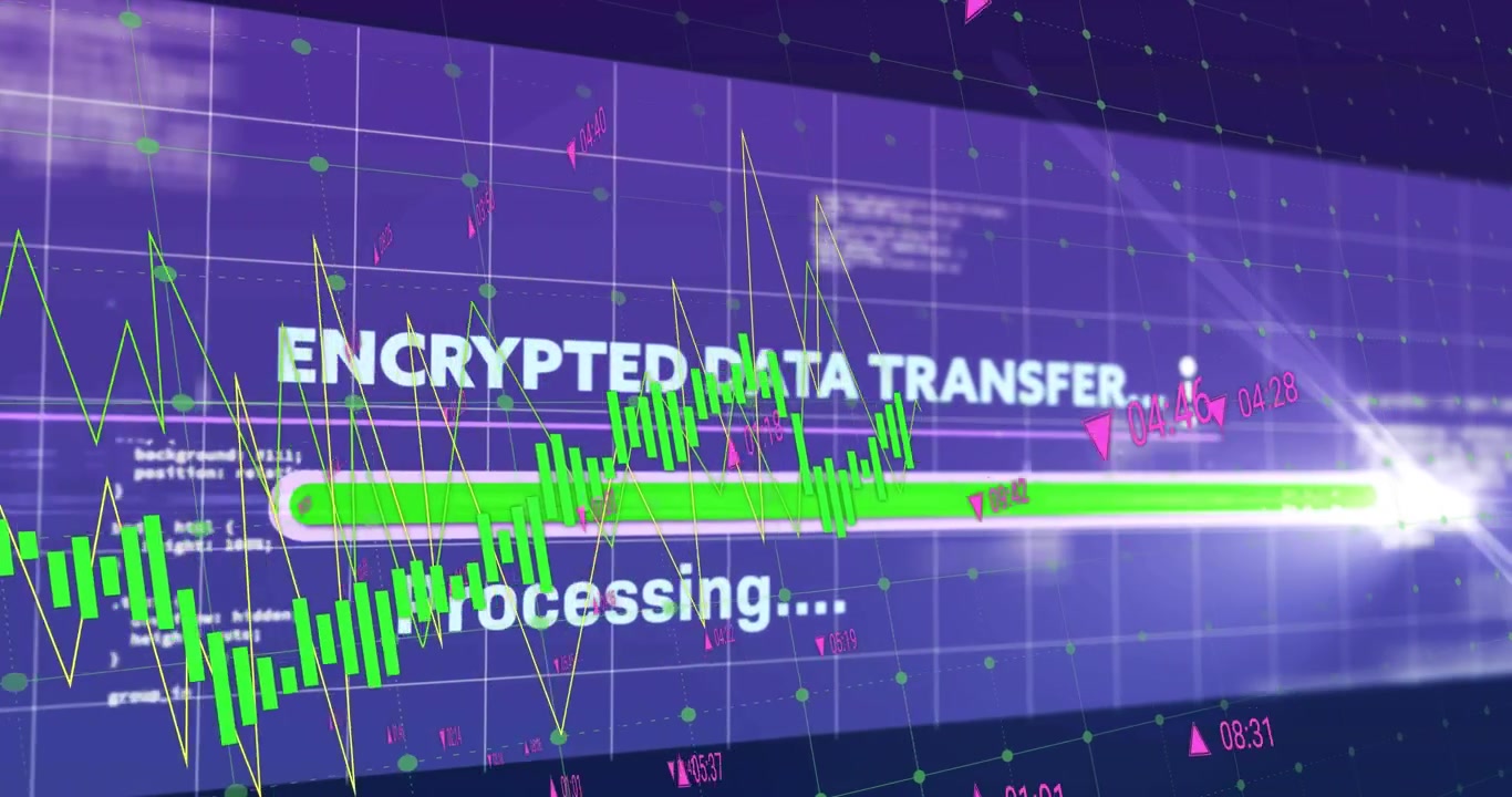 Encrypted transfer appearing, progress bar filling while chart oscillating for secure transfer