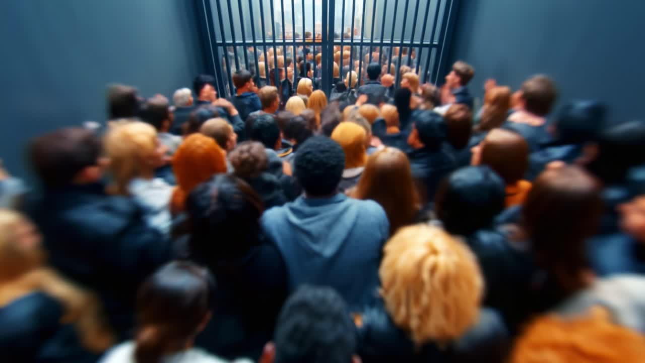 A Chaotic Gathering of Individuals Behind a Metal Gate, Expressing a Range of Emotions and Anticipation as They Approach a Barrier, Capturing the Essence of Community Dynamics