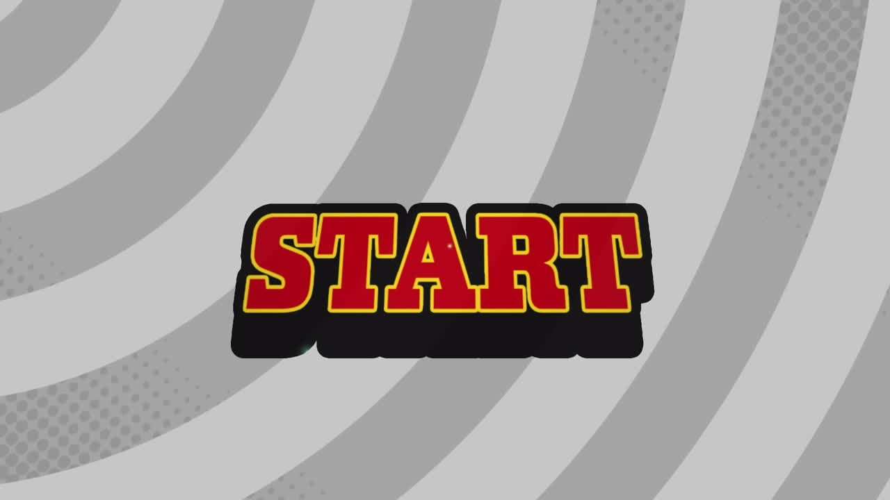 animación del texto de inicio sobre una burbuja de habla retro contra un fondo radial gris