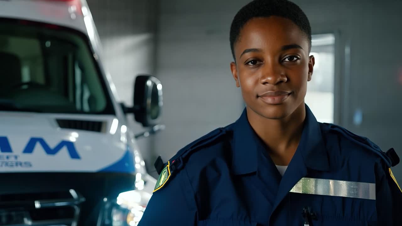 Close up of a young, smiling african american female paramedic in uniform stands confidently in front of an ambulance, showcasing her dedication to emergency medical services
