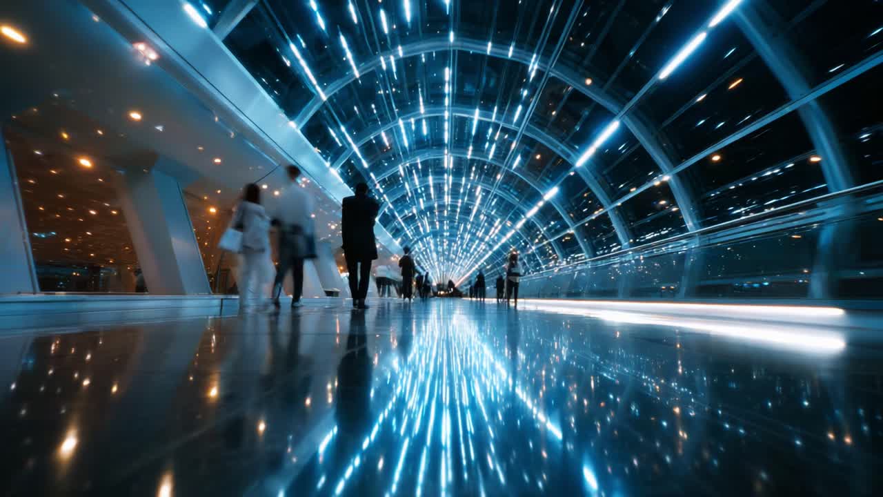 A Modern, Futuristic Walkway Illuminated by Brilliant Lights, Capturing the Essence of Contemporary Architecture and Technology, Drawing Visitors into a Dynamic and Engaging Space