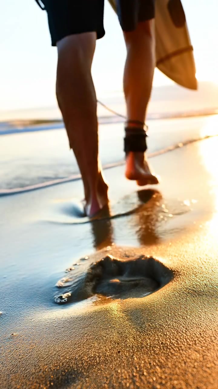 Scena in movimento a bassa angolazione di un surfista a piedi nudi che entra in acque poco profonde all'ora d'oro, sabbia bagnata che brilla sotto il piede mentre il laccio alla caviglia si trascina accanto alla schiuma e ai riflessi tenui, con surfista, a piedi nudi.