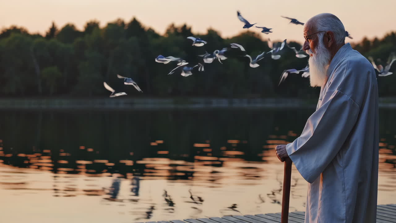 Elderly Man Contemplating on a Lakeside Dock at Sunset