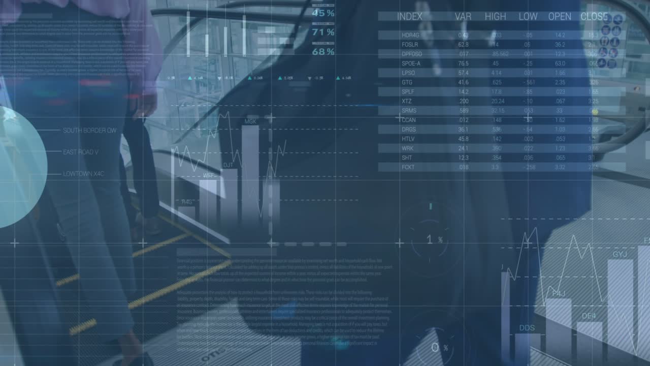 Animation of data processing over diverse business people walking