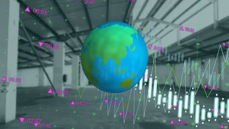 Animation-of-financial-graphs-and-globe-over-empty-hall