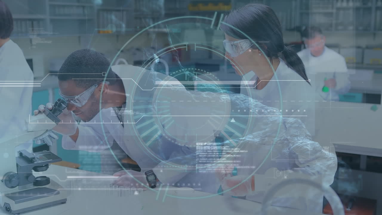 실험실에서 다양한 과학자들에 대한 범위 및 데이터 처리 애니메이션