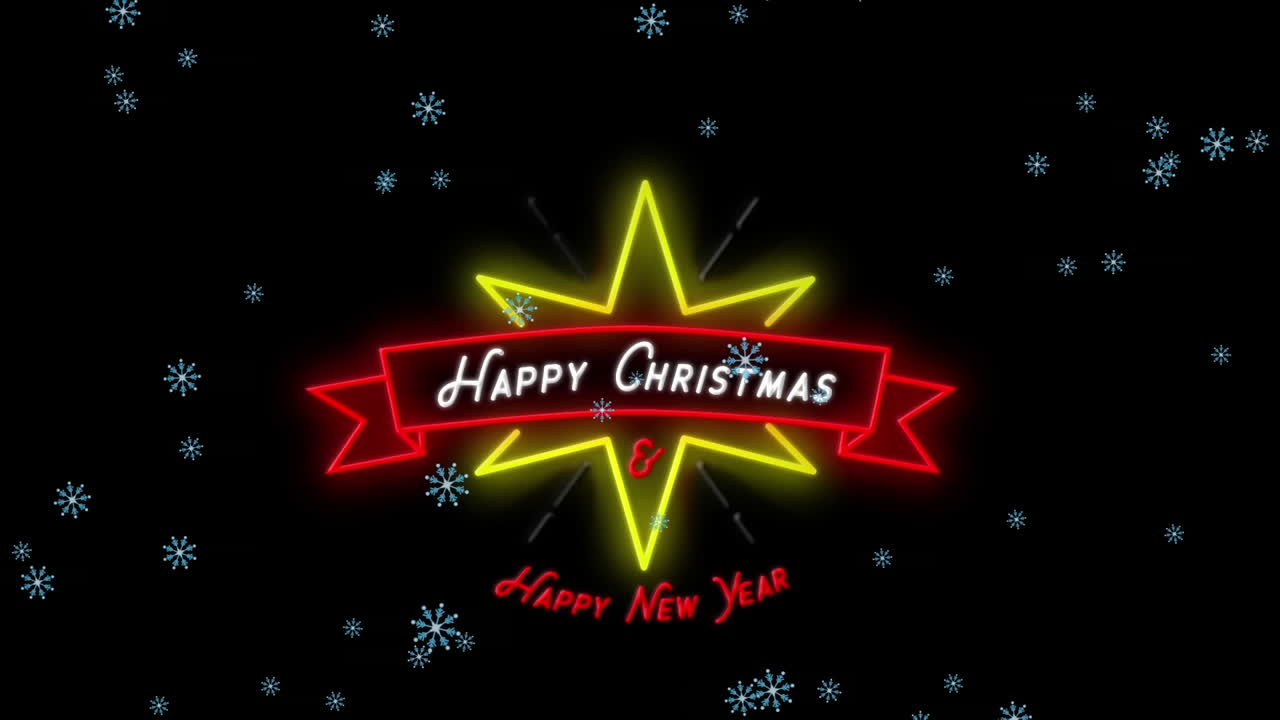 animación de nieve cayendo sobre la decoración de navidad de neón con texto de feliz navidad en negro