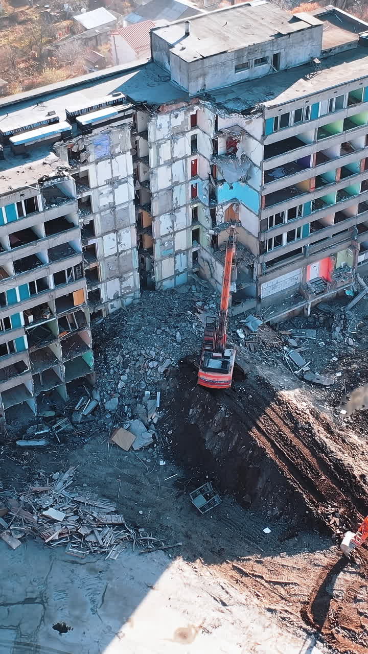 Destructive broken house catastrophe. Dangerous destroyed building after earthquake.
