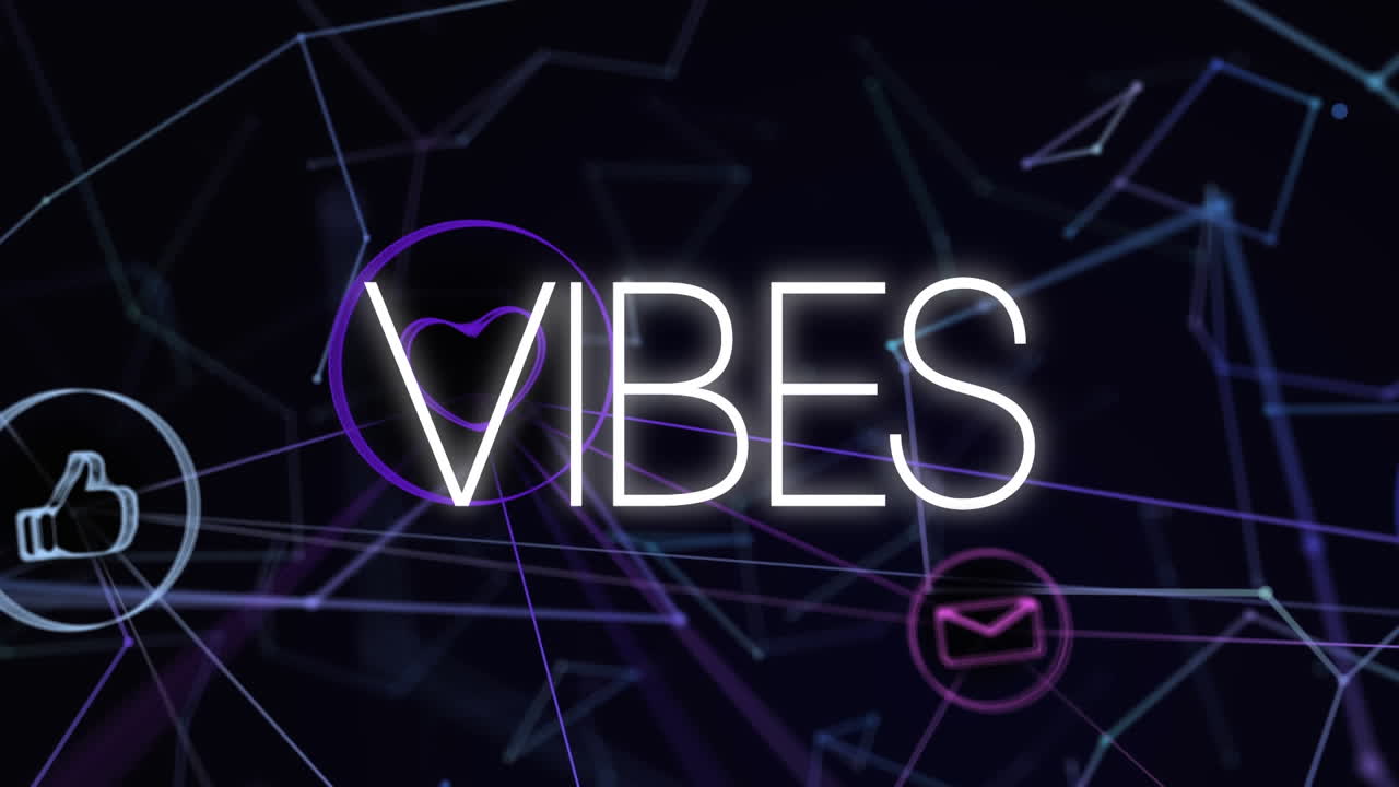 Animation of vibes text in white letters over digital icons on black background