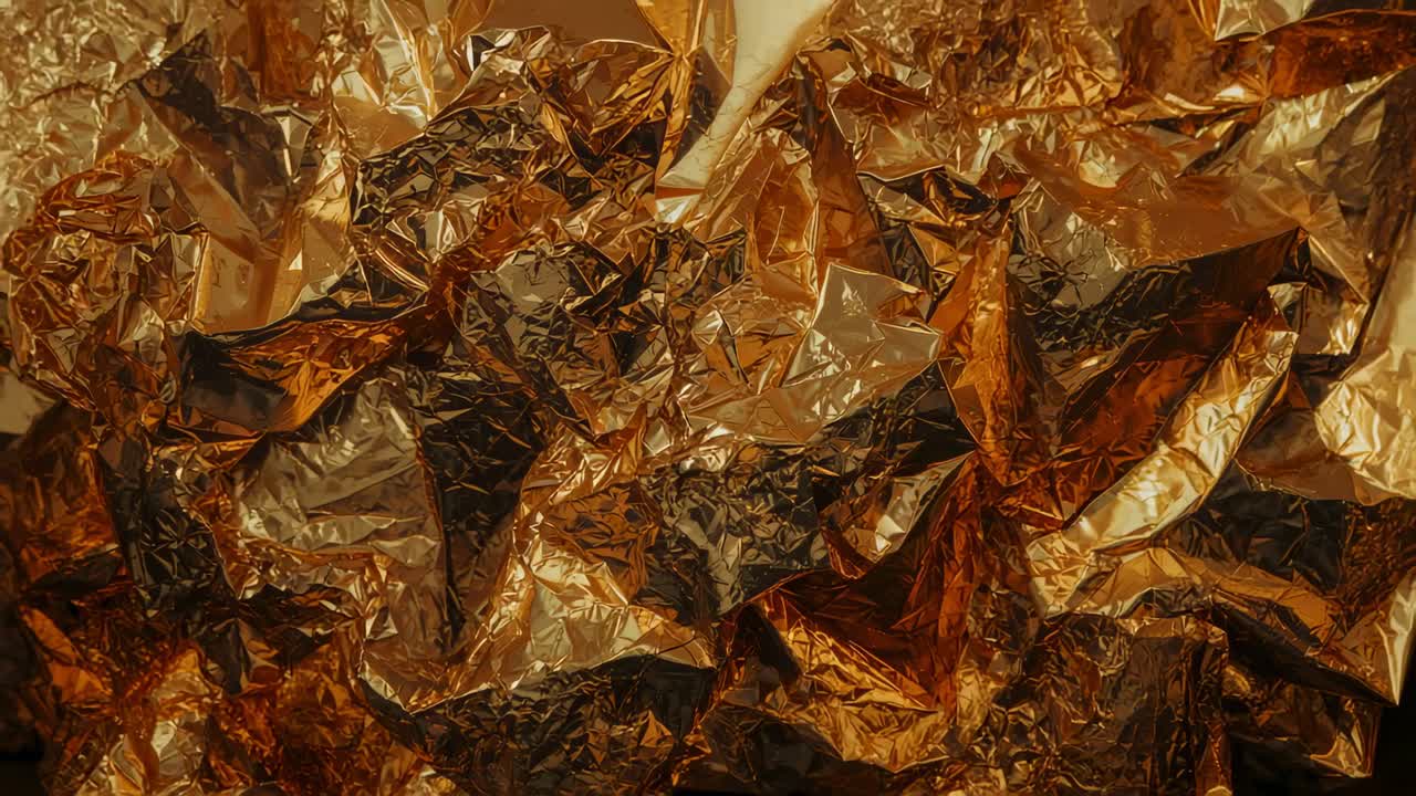 Sich verlagerndes Licht, das zerknitterte goldene Metallfolie in der Makroansicht enthüllt und strukturierte Falten hervorhebt