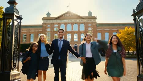 happy friends celebrate on college campus