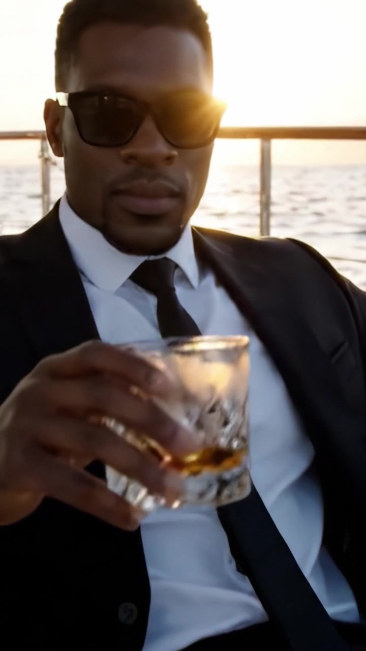 Eleganza sofisticata: un uomo elegante si gode un drink mentre si rilassa su uno yacht al tramonto, abbracciando la serenità del mare e i colori vivaci del cielo serale.