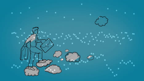 climbing clouds with briefcase, businessman over digital data animation background