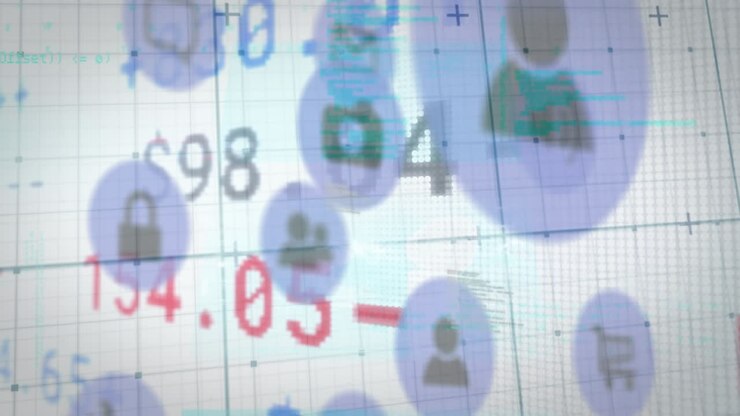 Animation of trading board, grid pattern and icons on computer language against abstract background