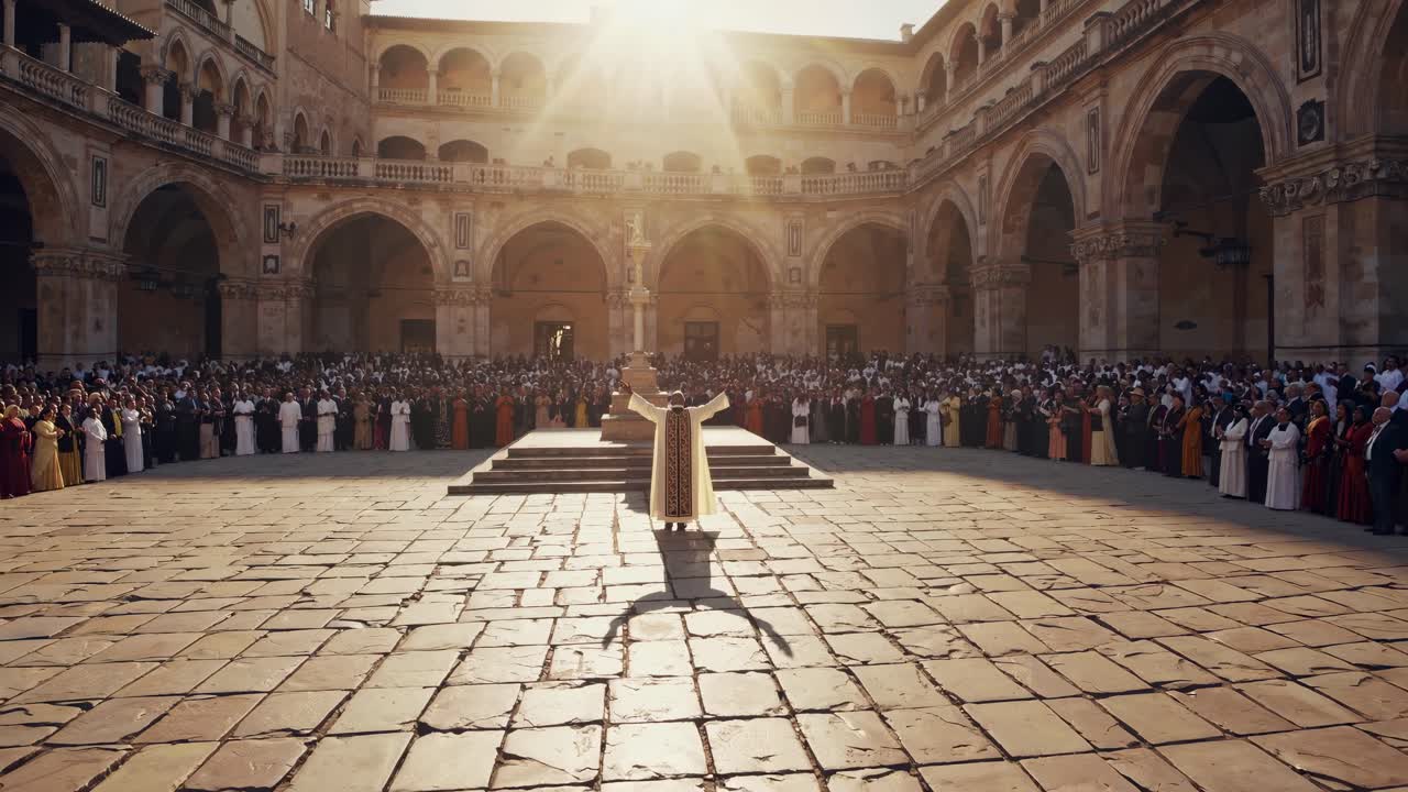 Ripresa video aerea di un cortile storico con una persona in abiti tradizionali, a braccia tese.