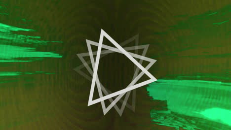 animation of moving triangles over green shapes