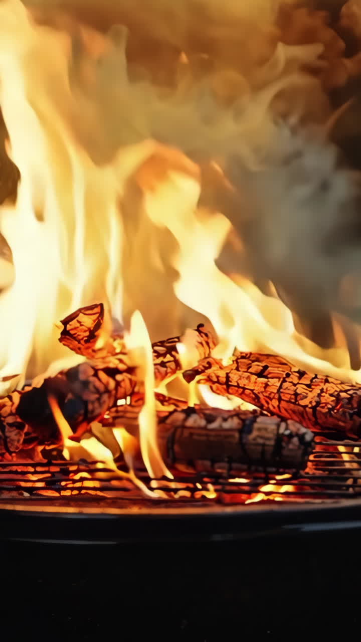 A black grill with a fire burning in it. The fire is orange and yellow. The grill is in a grassy area