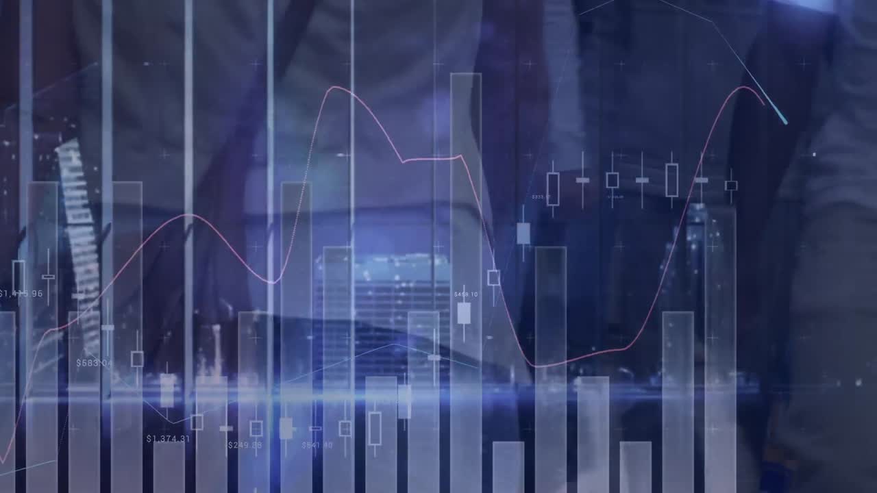animación de estadísticas y procesamiento de datos sobre una concurrida calle de la ciudad