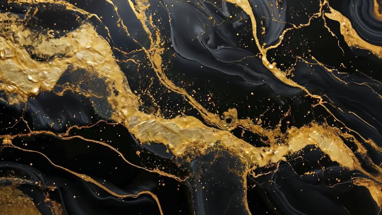 Abstract video concept with a top-down angle, showcasing swirling black and gold marble textures