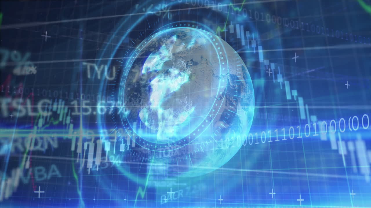 Translucent blue Earth globe spinning in futuristic financial interface, showing HUD rings, graphs