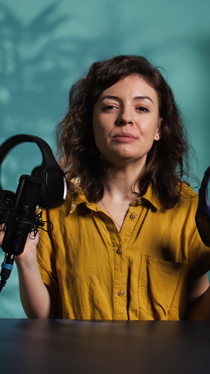 Donna che recensisce e confronta cuffie in studio