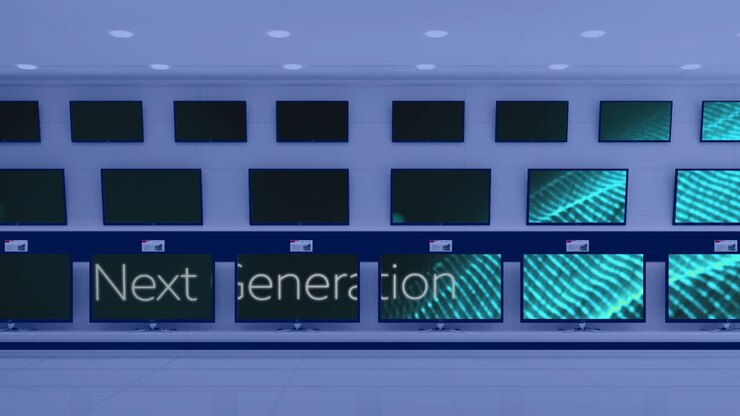 Animation of screensavers with next generation on screens in tech store