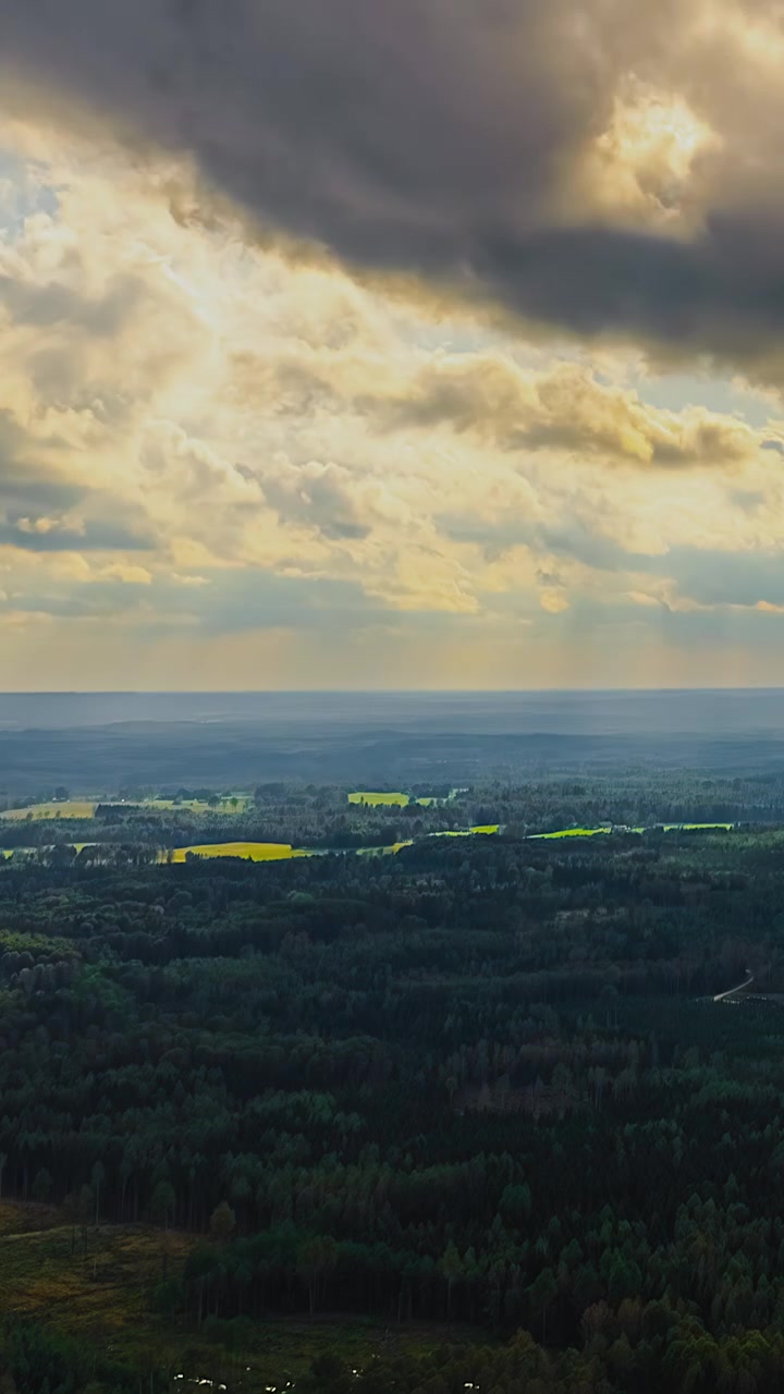 Cloud shadows move over a vast forest landscape under dramatic changing skies