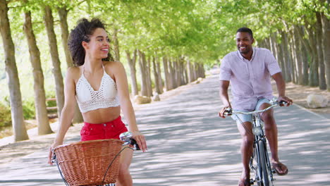 young mixed race couple riding bicycles on a tree lined road