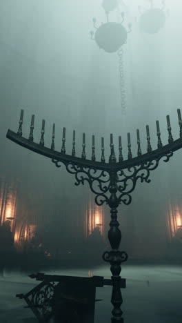 dark and mysterious gothic cathedral interior with candelabra