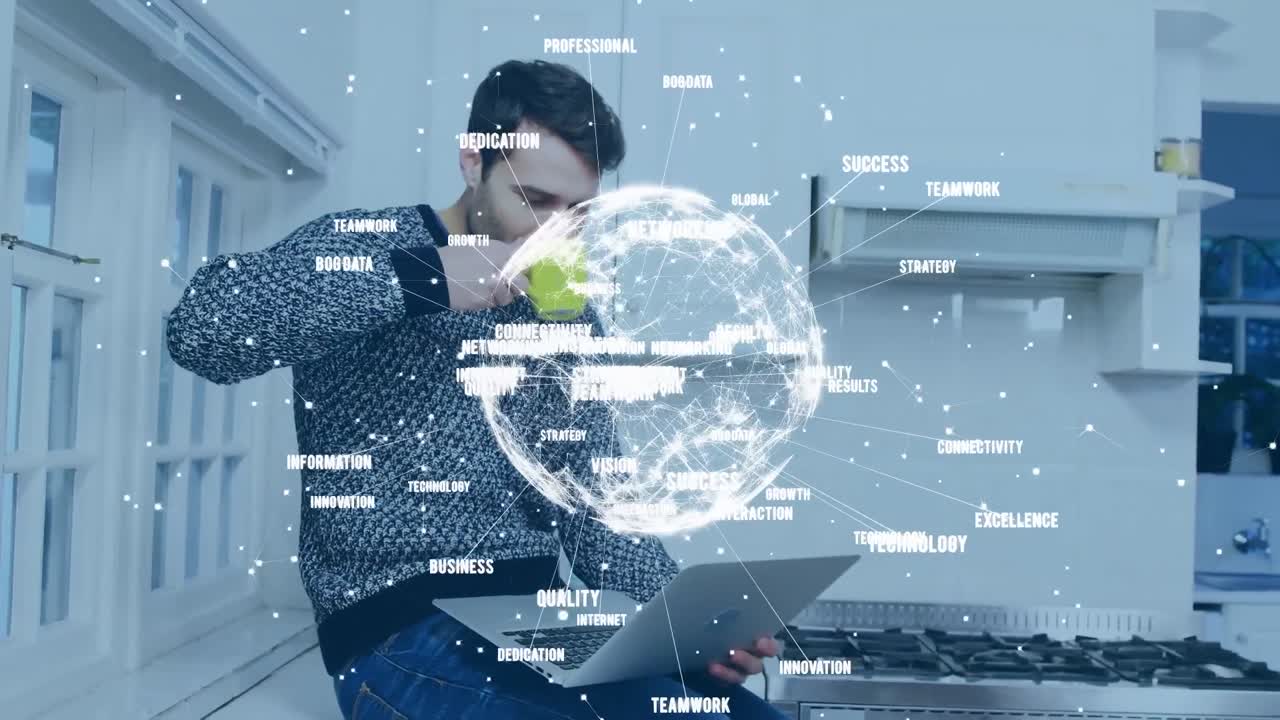 노트북을 사용하는 백인 남성에 대한 연결과 숫자로 만든 지구상의 애니메이션