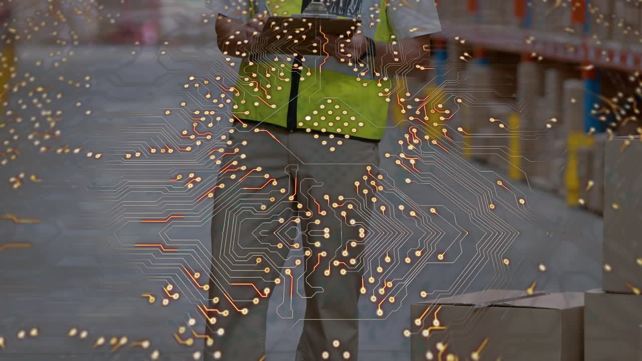 анимация сети соединений над кавказским мужчиной, работающим на складе