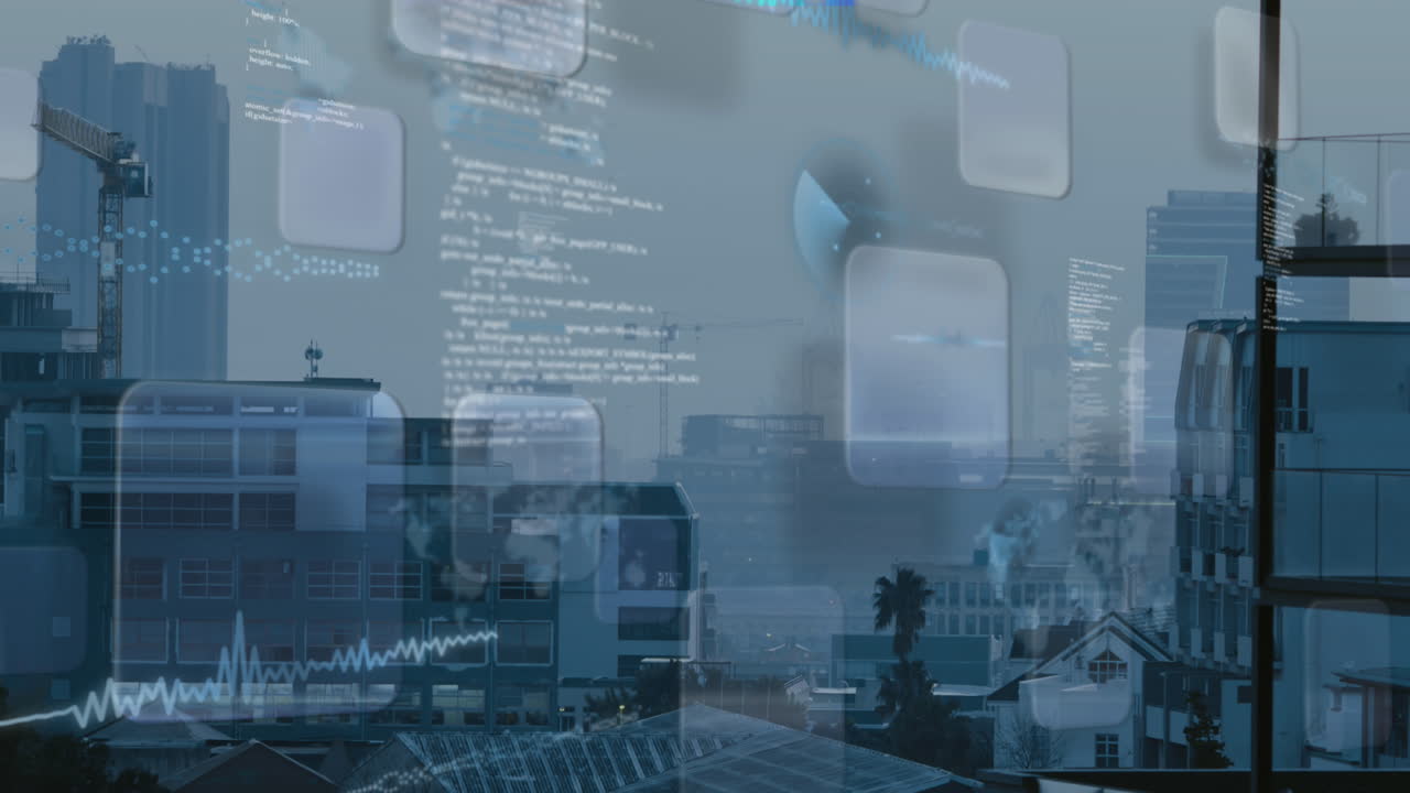 도시 풍경 위의 금융 데이터 처리 애니메이션