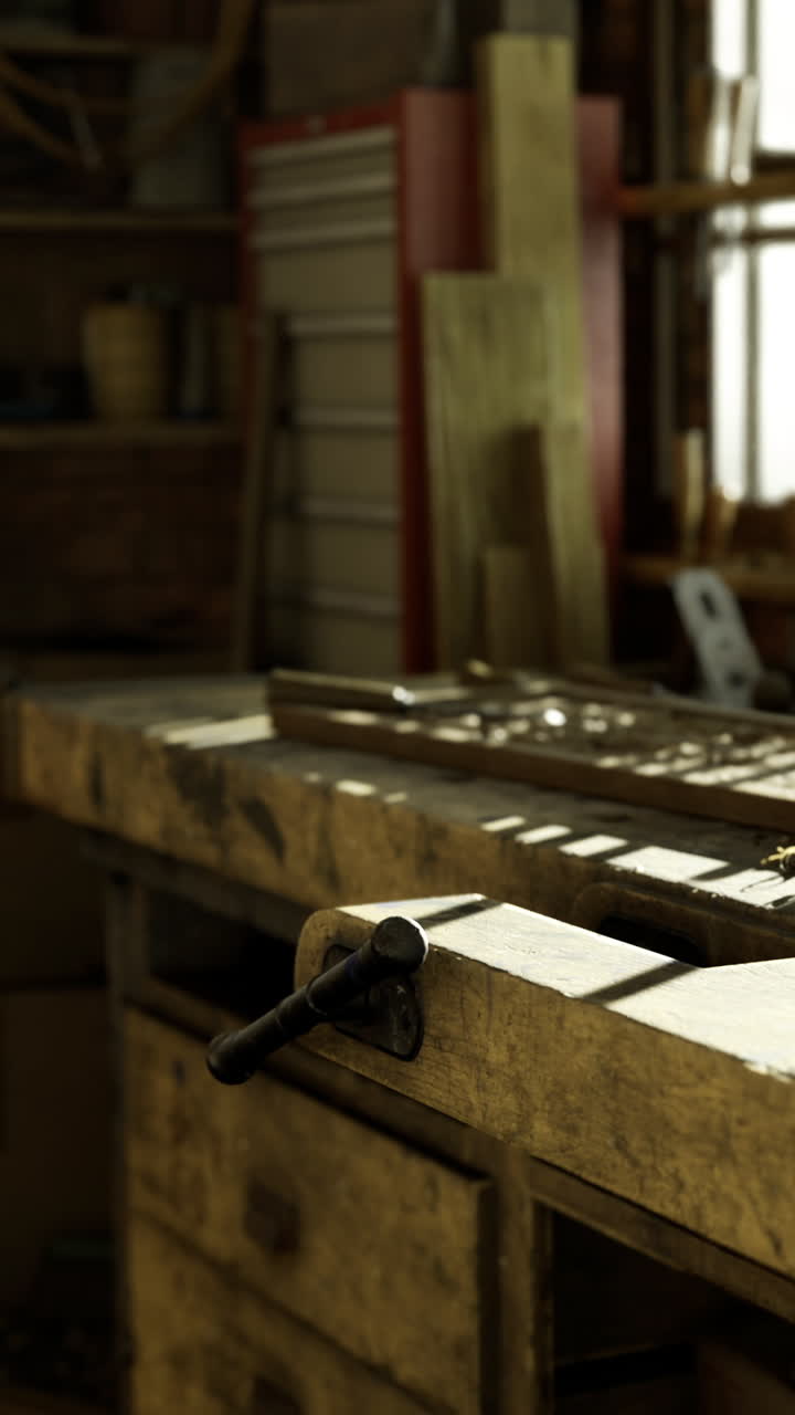 Scène d'atelier avec des outils et un établi en bois dans une zone d'artisanat.