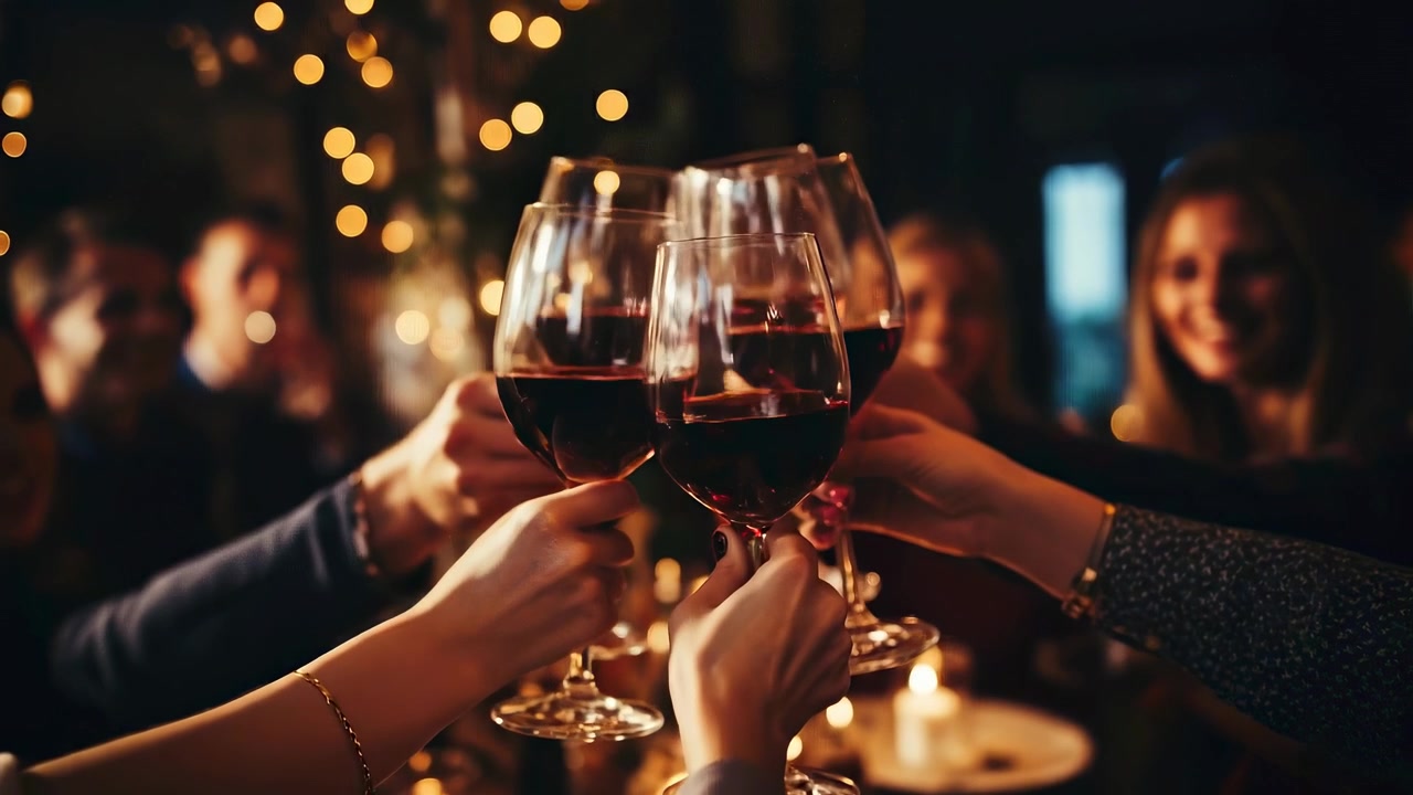 Group of Friends Toasting with Red Wine at Dinner Party