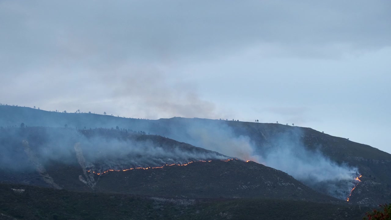 Un incendio boschivo infuria su una montagna con vegetazione fynbos soggetta a incendi in Sudafrica.