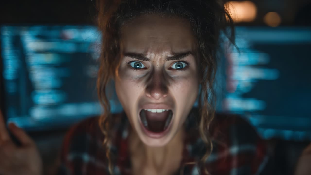Emotional Reaction: A Frantic Expression of Fear and Anxiety in a High-Pressure Environment as a Person Engages with Technology and Digital Challenges