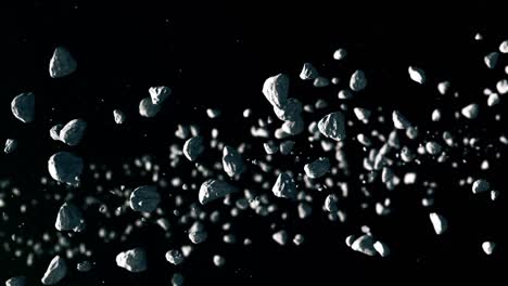 animated stone and rock particles on dark background, simulation of small rocks moving slowly under sunlight in asteroid belt, cosmic derbies concept