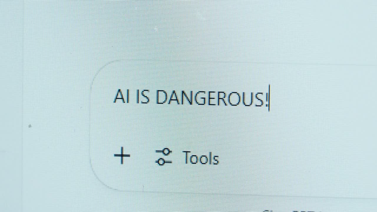 A bold statement appears on screen as a user types “AI IS DANGEROUS!” into a chat window, highlighting concerns about artificial intelligence and ethical risks